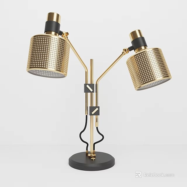 Modern Table Lamp with Double Perforated Lampshades Golden Stand and Black Base 3d model 