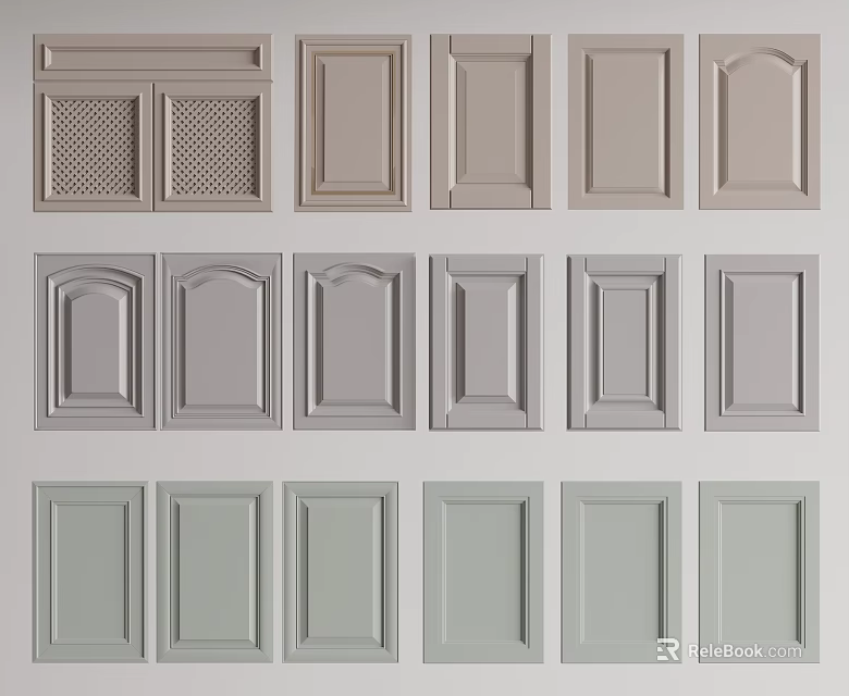 Various Cabinet Door Designs in Beige Gray and Green Tones with Panel Patterns 3d model 