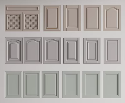 Various Cabinet Door Designs in Beige Gray and Green Tones with Panel Patterns 3d model