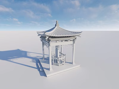 White Chinese Style Pavilion With Traditional Roof Design And Blue Sky Background 3d model