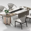 Modern Tea Table Set with Marble Top Four Gray Cushioned Chairs and Teacups 3d model