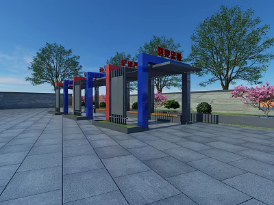 Outdoor Pergola With Blue Red Columns In Paved Square Surrounded By Trees And Blue Sky 3d model