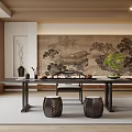 Traditional Chinese Tea Room Interior With Long Table Tea Set Chair And Wall Painting