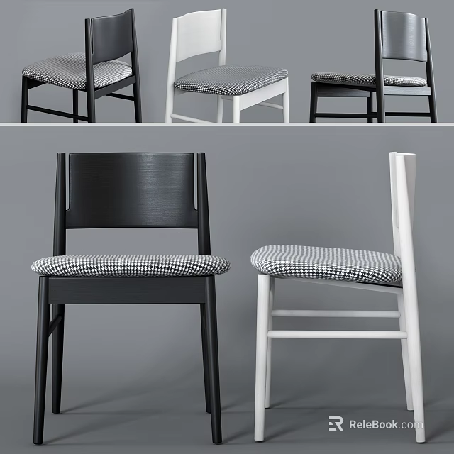 Modern Leisure Chair With Black White Wooden Frame And Checkered Fabric Seat 3d model 
