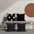 Stylish Black Throw Pillows With Polka Dots Circular Patterns And Orange Lines On Bench 3d model