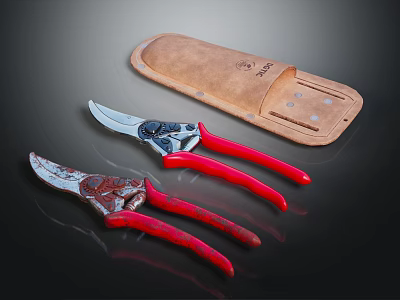 Hardware Tools Pruning Shears With Red Handles And Leather Storage Case 3d model