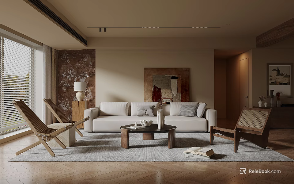Serene Modern Living Room Interior With Beige Sofa Wooden Chairs And Abstract Artwork 3d model 