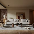 Serene Modern Living Room Interior With Beige Sofa Wooden Chairs And Abstract Artwork