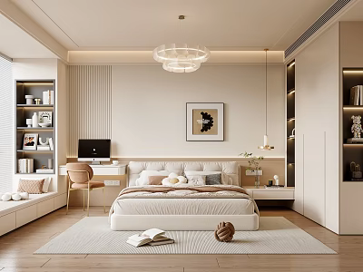Modern Cream Style Bedroom Double Bed Single Chair Hanging Painting Wardrobe Chandelier Book Green Planting Computer 3d model
