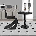 Modern Interior Black Round Table And Unique Chair Set With Checkered Rug 3d model