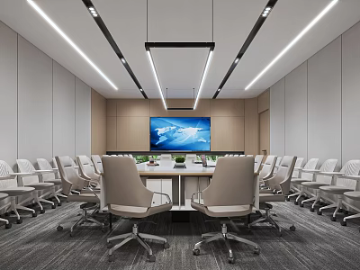 Modern Meeting Room With Long Table Comfortable Office Chairs And Large Display Screen 3d model