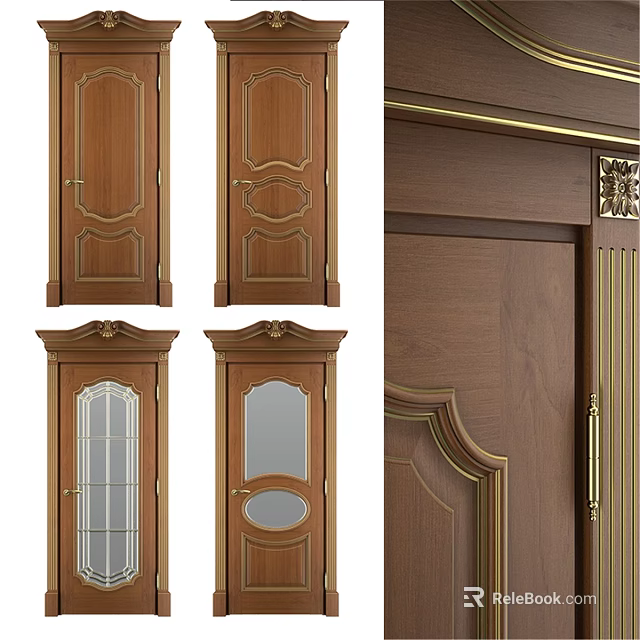 Elegant Wooden Swing Door With Decorative Carvings Glass Panels And Gold Accents 3d model 