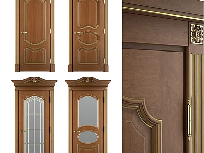 Elegant Wooden Swing Door With Decorative Carvings Glass Panels And Gold Accents 3d model