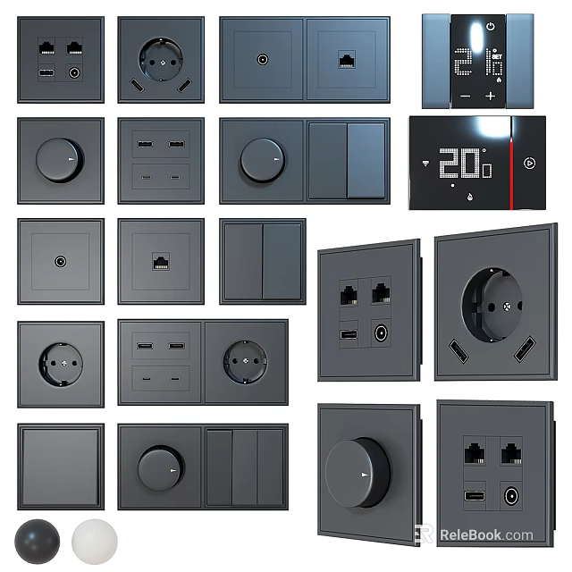 Various Types Of Modern Switch Panels With Button Knob Socket And USB Ports 3d model 