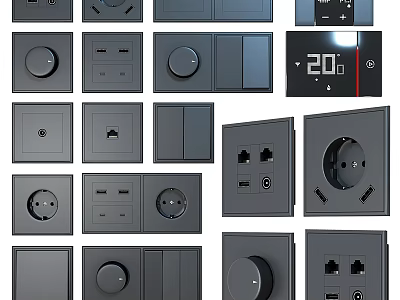 Various Types Of Modern Switch Panels With Button Knob Socket And USB Ports 3d model
