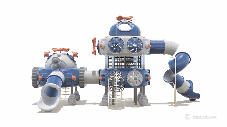 Robot Themed Blue And White Playground Equipment With Slides Ladders And Netted Structures 3d model 