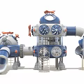 Robot Themed Blue And White Playground Equipment With Slides Ladders And Netted Structures