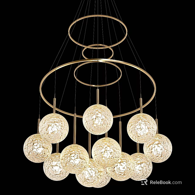 Modern Elegant Chandelier with Golden Metal Rings and Textured Spherical Lights for Contemporary Interior 3d model 