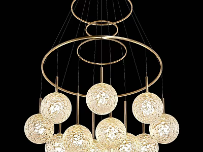 Modern Elegant Chandelier with Golden Metal Rings and Textured Spherical Lights for Contemporary Interior 3d model