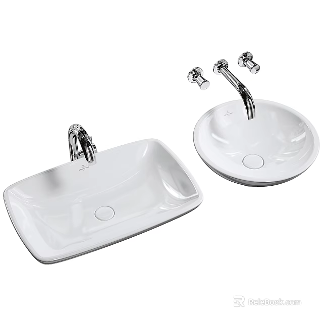 Ceramic Rectangular and Round Washbasins with Chrome Faucets for Modern Bathroom 3d model 