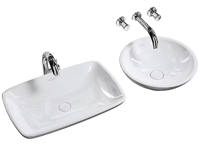 Ceramic Rectangular and Round Washbasins with Chrome Faucets for Modern Bathroom 3d model