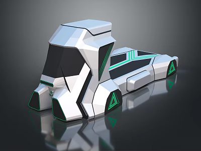 Futuristic Car Featuring Geometric Design Silver Body And Green Accents On Reflective Surface 3d model