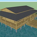 Wooden House on Water with Wooden Deck Railing and Dark Roof Design