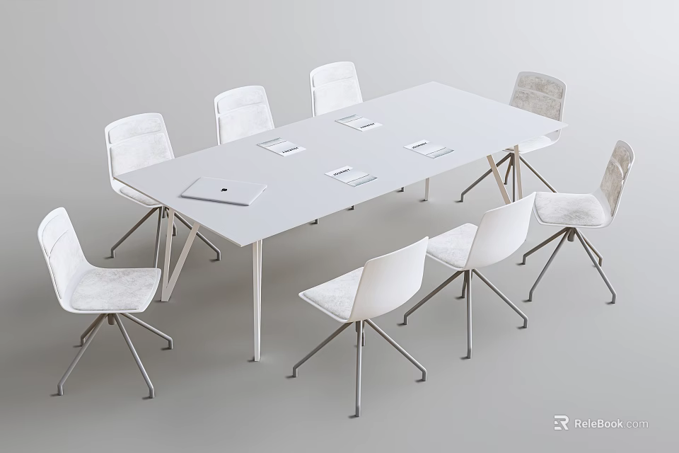 Modern Rectangular White Conference Table With Upholstered White Chairs And Notebooks 3d model 