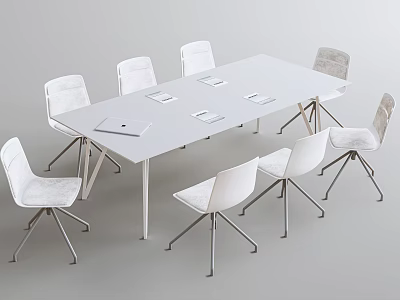Modern Rectangular White Conference Table With Upholstered White Chairs And Notebooks 3d model