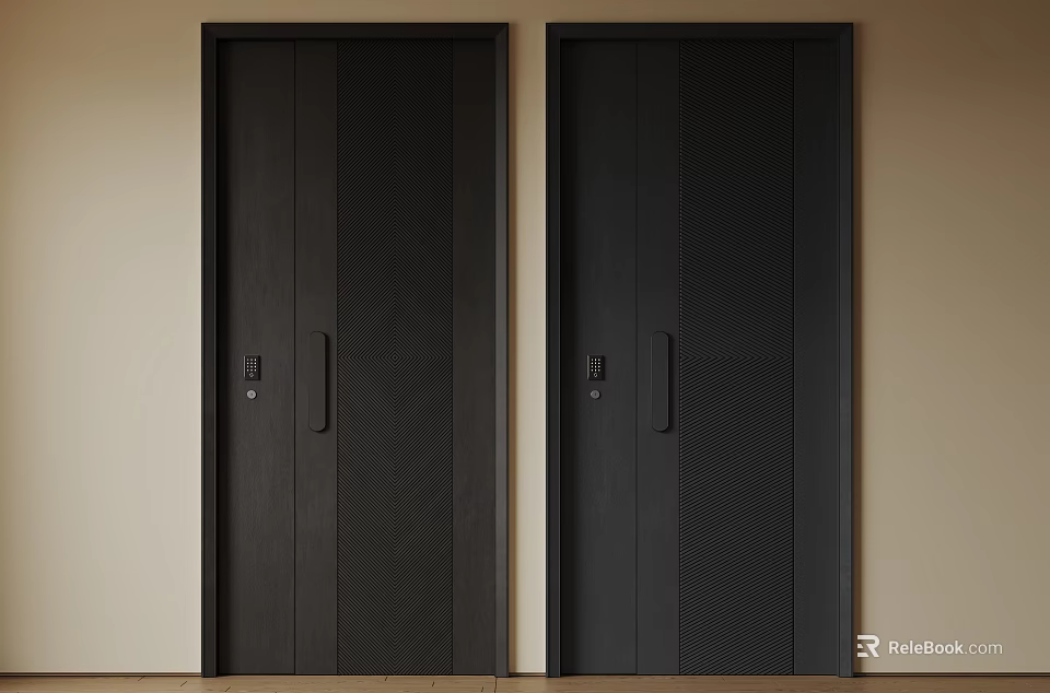 Modern Black Security Doors With Textured Patterns And Metal Lock Handles 3d model
