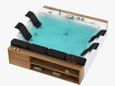 Luxurious Bathtub Design With Wooden Frame Black Cushions Blue Water And Faucet 3d model