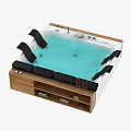 Luxurious Bathtub Design With Wooden Frame Black Cushions Blue Water And Faucet