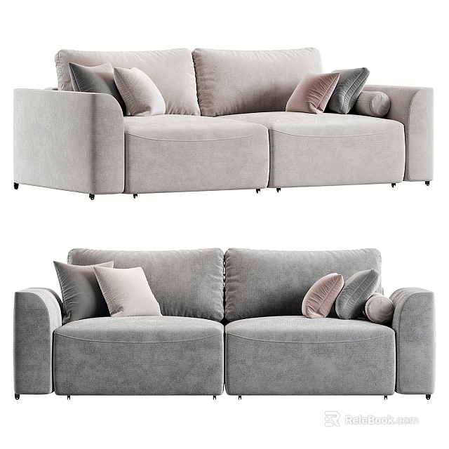 Modern Two-Seater Sofa With Soft Gray Upholstery And Stylish Decorative Pillows 3d model 