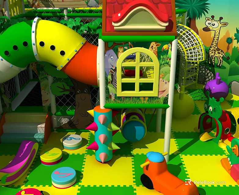 Colorful Playground Equipment With Slides House Structure And Animal Patterns For Kids Play Area 3d model 
