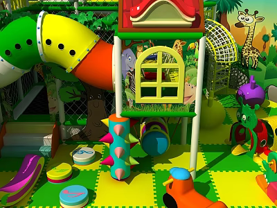 Colorful Playground Equipment With Slides House Structure And Animal Patterns For Kids Play Area 3d model