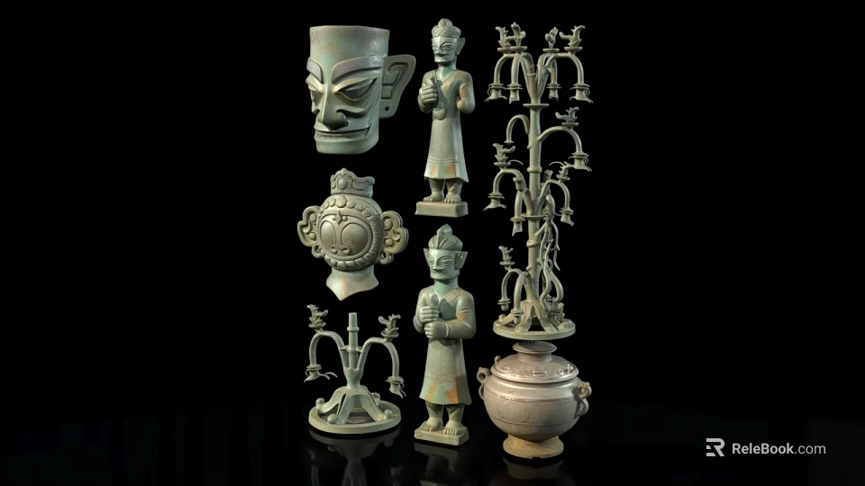Ancient Chinese Bronze Artifacts Collection With Ritual Vessels And Figurines 3d model 