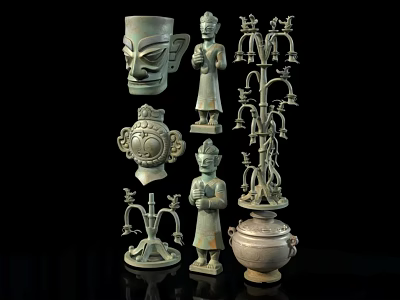 Ancient Chinese Bronze Artifacts Collection With Ritual Vessels And Figurines 3d model
