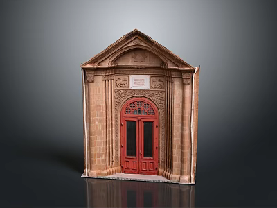 Brown Brick Building With Red Door Arched Design Triangular Pediment And Decorative Plaque 3d model