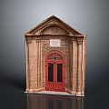 Brown Brick Building With Red Door Arched Design Triangular Pediment And Decorative Plaque 3d model