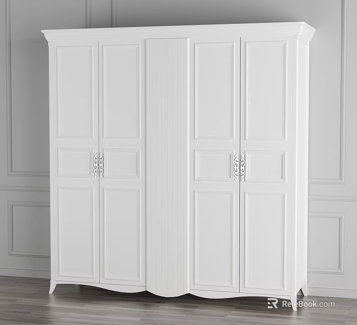 White Four Door Wardrobe With Paneled Doors And Metal Handles In Classic Design 3d model 