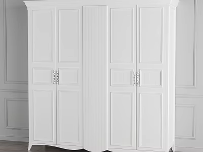 White Four Door Wardrobe With Paneled Doors And Metal Handles In Classic Design 3d model