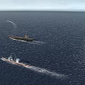 Warship Launching Missile At Sea With Aircraft Carrier And Small Vessel