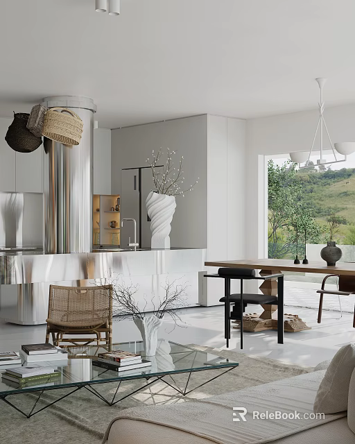 Modern Minimalist Dining Living Room Interior With White Cabinets Stainless Steel Island And Natural View 3d model 