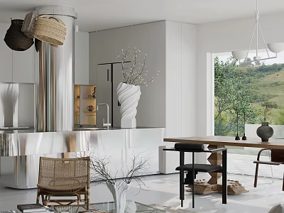 Modern Minimalist Dining Living Room Interior With White Cabinets Stainless Steel Island And Natural View 3d model