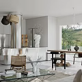 Modern Minimalist Dining Living Room Interior With White Cabinets Stainless Steel Island And Natural View