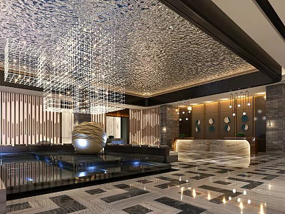 Elegant Hotel Lobby Interior With Shimmering Ceiling Chandelier And Patterned Marble Floor 3d model
