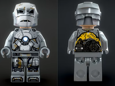 Silver Mechanical Building Block Minifigure With Blue Glowing Chest Symbol And Yellow Back ARMOR Pattern 3d model