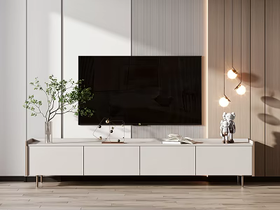 Modern White TV Stand Interior With Flat Screen TV Decorative Plants And Ornaments 3d model