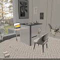 Tea Room Interior With Bunny Figure Laptop Table Chair Wicker Rug Wall Art Trees Window