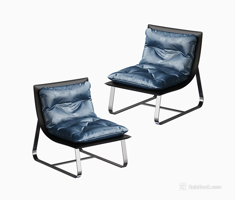 Modern Blue Velvet Leisure Chairs With Sleek Black And Silver Metal Frames 3d model 